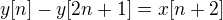 $y[n] - y[2n+1] = x[n+2]$