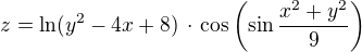 $z=\ln(y^2-4x+8) \,\cdot\, \cos \(\sin \frac {x^2+y^2}{9}\)$