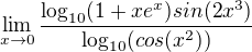 $\lim_{x\to0}\frac{\log_{10}(1+xe^x)sin(2x^3)}{\log_{10}(cos(x^2))}$