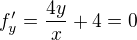 $f'_{y}=\frac{4y}{x}+4=0$
