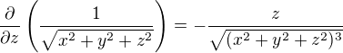 kopírovat do textarea $\frac{\partial}{\partial z}\(\frac{1}{\sqrt{x^2+y^2 +z^2}}\)=-\frac{z}{\sqrt{(x^2+y^2 +z^2)^3}}$