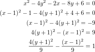 $x^2-4y^2-2x-8y+6=0\\(x-1)^2-1-4(y+1)^2+4+6=0\\(x-1)^2-4(y+1)^2=-9\\4(y+1)^2-(x-1)^2=9\\\frac{4(y+1)^2}{9}-\frac{(x-1)^2}{9}=1$