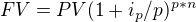 $FV=PV(1+i_{p}/p)^{p*n}$