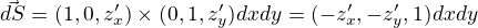 $\vec{dS}=(1,0,z'_x)\times(0,1,z'_y)dxdy=(-z'_x,-z'_y,1)dxdy$