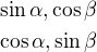 $\sin \alpha , \cos \beta\\\cos \alpha, \sin \beta$
