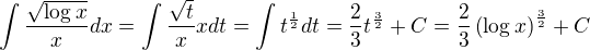 $\int \frac{\sqrt{\log x}}{x}dx = \int \frac{\sqrt{t}}{x}x dt = \int t^{\frac{1}{2}} dt = \frac{2}{3}t^{\frac{3}{2}} + C = \frac{2}{3}\left(\log x\right)^{\frac{3}{2}} + C$