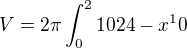 $V=2\pi\int_{0}^{2}1024 - x^10$