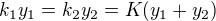 $k_1y_1 = k_2y_2 = K(y_1 + y_2)$