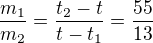 $\frac{m_1}{m_2}=\frac{t_2-t}{t-t_1}=\frac{55}{13}$