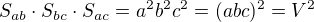 $S_{ab} \cdot S_{bc} \cdot S_{ac} = a^2 b^2 c^2 = (abc)^2 = V^2$