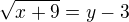 $\sqrt{x+9}=y-3$