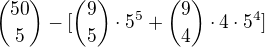 ${50\choose5}-[{9\choose 5}\cdot 5^5+{9\choose 4}\cdot 4\cdot 5^4]$