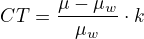 $CT=\frac{\mu-\mu_w}{\mu_w}\cdot k$