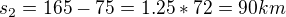 $ s_{2}=165-75=1.25*72=90km $