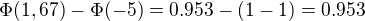 $\Phi (1,67)-\Phi (-5)=0.953-(1-1)=0.953$