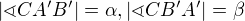 $|\sphericalangle CA'B'|=\alpha,|\sphericalangle CB'A'|=\beta$