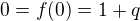 $0=f(0)=1+q$