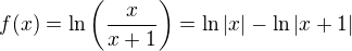 $f(x)=\ln \({\frac{x}{x+1}}\)=\ln| x|-\ln{|x+1|}$
