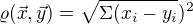 $\varrho (\vec{x},\vec{y})=\sqrt{\Sigma (x_{i}-y_{i}})^{2}$