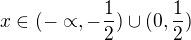 $x\in (-\propto,-\frac{1}{2})\cup (0,\frac{1}{2})$