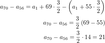 $a_{70}-a_{56}=a_1+69\cdot\frac 32-\left(a_1+55\cdot\frac 32\right)\\a_{70}-a_{56}=\frac 32\left(69-55\right)\\a_{70}-a_{56}=\frac 32\cdot 14=21$