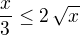$\frac{x}{3} \le 2\,\sqrt{x}$