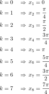 $k=0\quad \Rightarrow\,x_1=0\nlk=1\quad \Rightarrow\,x_2=\frac{\pi}{4}\nlk=2\quad \Rightarrow\,x_3=\frac{\pi}{2}\nlk=3\quad \Rightarrow\,x_4=\frac{3\pi}{4}\nlk=4\quad \Rightarrow\,x_5=\pi\nlk=5\quad \Rightarrow\,x_6=\frac{5\pi}{4}\nlk=6\quad \Rightarrow\,x_7=\frac{3\pi}{2}\nlk=7\quad \Rightarrow\,x_8=\frac{7\pi}{4}$