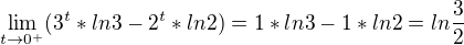 $\lim_{t\to0^{+}}(3^{t}*ln3-2^{t}*ln2)=1*ln3-1*ln2=ln\frac{3}{2}$