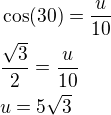 $\cos(30)=\frac{u}{10}\nl\frac{\sqrt3}{2}=\frac{u}{10}\nlu=5\sqrt3$