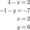 $4-x=2\\-1-y=-7\\x=2\\y=6$