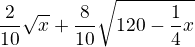 kopírovat do textarea $\frac{2}{10}\sqrt{x}+\frac{8}{10}\sqrt{120-\frac{1}{4}x}$
