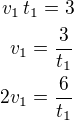 $v_1\,t_1=3\\v_1=\frac{3}{t_1}\\2v_1=\frac{6}{t_1}$