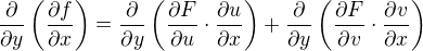 $\frac{\partial}{\partial y}\(\frac{\partial f}{\partial x}\)=\frac{\partial}{\partial y}\(\frac{\partial F}{\partial u}\cdot \frac{\partial u}{\partial x}\)+\frac{\partial}{\partial y}\(\frac{\partial F}{\partial v}\cdot \frac{\partial v}{\partial x}\)$