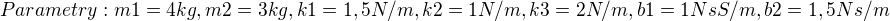 $Parametry: m1 = 4 kg, m2 = 3 kg, k1 = 1,5 N/m, k2 = 1 N/m, k3 = 2N/m, b1 = 1 NsS/m, b2 = 1,5 Ns/m$