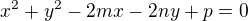 ${\displaystyle x^{2}+y^{2}-2mx-2ny+p=0}$