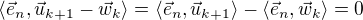 $\langle \vec{e}_n, \vec{u}_{k+1} - \vec{w}_k\rangle = \langle \vec{e}_n, \vec{u}_{k+1}\rangle - \langle \vec{e}_n, \vec{w}_k\rangle = 0$