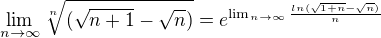 $\lim_{n\to\infty }\sqrt[n]{(\sqrt{n+1}-\sqrt{n})}=e^{\lim_{n\to\infty }\frac{ln(\sqrt{1+n}-\sqrt{n})}{n}}$