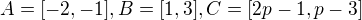 $A=[-2,-1], B=[1,3], C=[2p-1, p-3]$