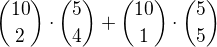 ${10\choose2}\cdot {5\choose4}+{10\choose1}\cdot {5\choose5}$