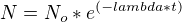$N=N_o * e^{(-lambda * t)}$