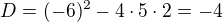 $D=(-6)^{2}-4\cdot 5\cdot 2 = -4$