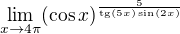 $\lim_{x \to 4\pi}(\cos x)^{\frac{5}{\mathrm{tg}(5x) \sin(2x)}}$