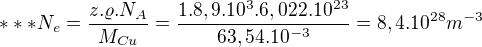 $*** N_{e}=\frac{z.\varrho .N_{A}}{M_{Cu}}=\frac{1.8,9.10^3.6,022.10^{23}}{63,54.10^{-3}}=8,4.10^{28}m^{-3}$