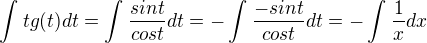 $\int_{}^{}tg(t)dt=\int_{}^{}\frac{sint}{cost}dt=-\int_{}^{}\frac{-sint}{cost}dt=-\int_{}^{}\frac{1}{x}dx$