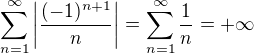 kopírovat do textarea $\sum_{n=1}^{\infty} \left|\frac{(-1)^{n+1}}{n}\right| = \sum_{n=1}^{\infty} \frac{1}{n} = +\infty$
