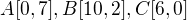$A[0,7], B[10,2],C[6,0]$