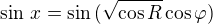 $\sin\,x = \sin\,(\sqrt{\cos{R}} \cos{\varphi})$