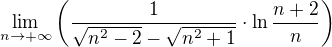 $\lim_{n\to+\infty}\left(\frac{1}{\sqrt{n^2-2}-\sqrt{n^2+1}}\cdot\ln\frac{n+2}{n}\right)$
