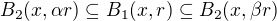 $B_2(x,\alpha r)\subseteq B_1(x,r)\subseteq B_2(x,\beta r)$
