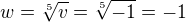 $ w = \sqrt[5]{v} = \sqrt[5]{-1} = -1$
